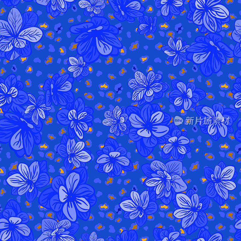 Colorful seamless pattern with leopard print and blue flowers
